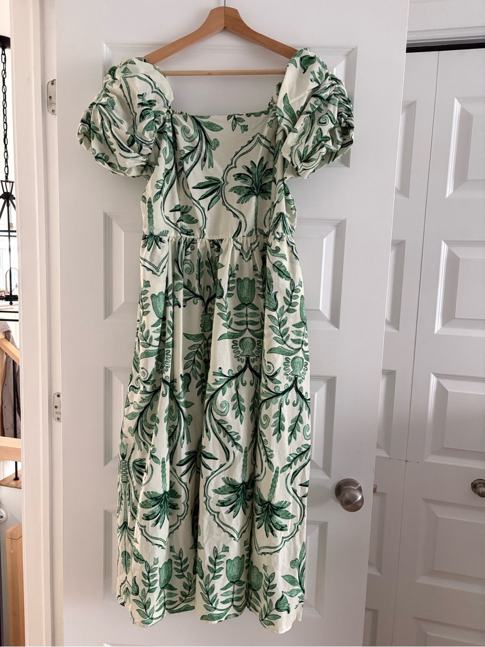 George Cream Midi Dress with Green Botanical Print and Puff Sleeves